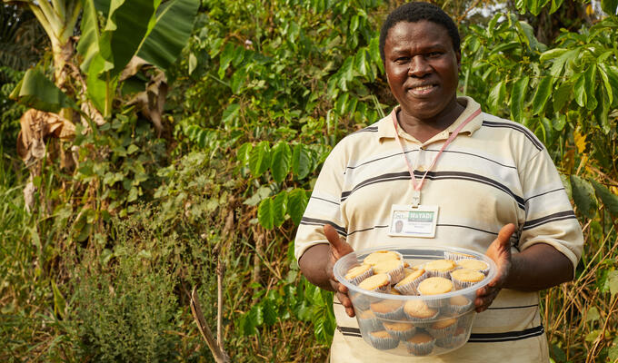 Man in Sierra Leone stands on farm holding bowl of cupcakes