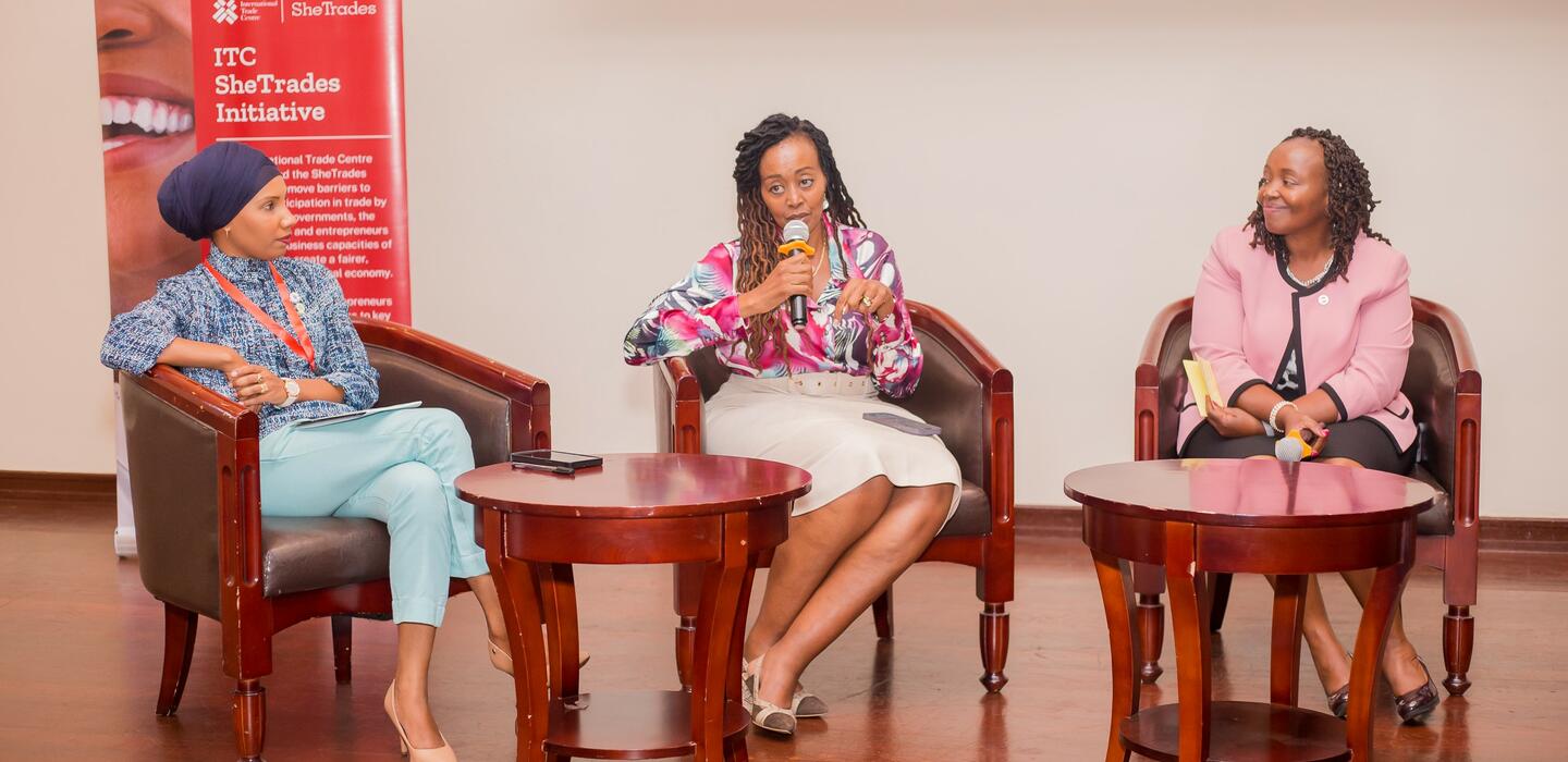 Two Kenyan and one Mauritian women speaking in a panel session
