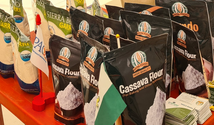 Rows of packets of cassava flour